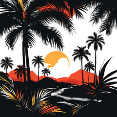 Vibrant tropical sunset scene with silhouetted palm trees and lush foliage