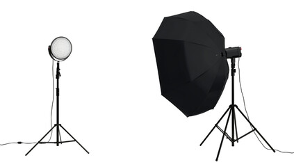 Two pieces of photography lighting equipment, a circular LED panel and a PNG black umbrella softbox, on black background