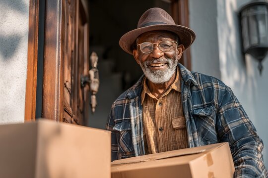 Neighbour lending a hand with packing crates outside a house perfect for community ads