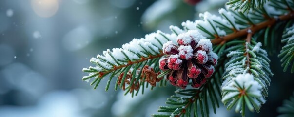 Frosty spruce branch laden with snow-covered pine cones , icy, snow, needle