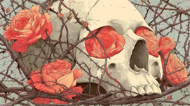 Skull with orange roses amidst thorny branches on a neutral background