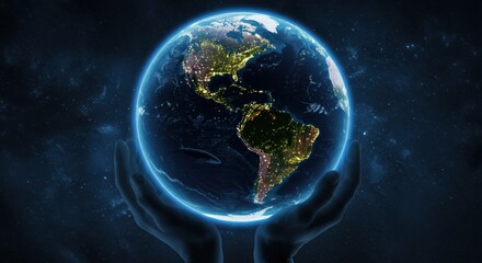 Hands holding planet earth with city lights at night.