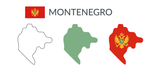 Montenegro country geographical borders isolated on white background. Flag of Montenegro. Vector flat cliparts.