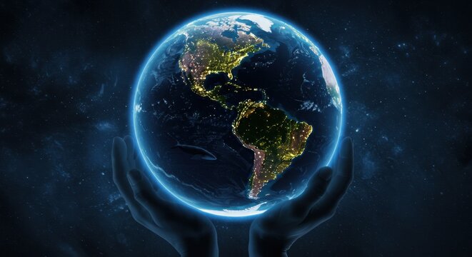 Hands holding planet earth with city lights at night.