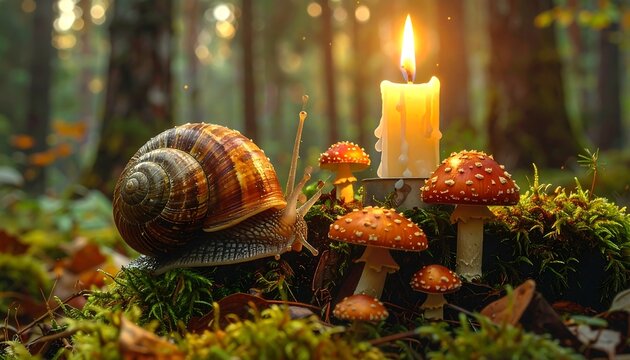 Enchanting Scene: Snail, Mushrooms, and Lit Candle in a Forest Setting