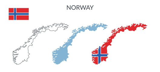 Norway country geographical borders isolated on white background. Norway flag. Vector flat cliparts.