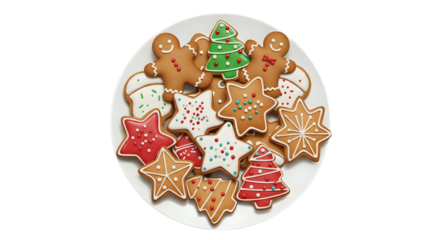 Plate of assorted decorated gingerbread and sugar cookies on white plate, isolated on transparent background - Christmas food, dessert, holiday baking, festive tradition concept 