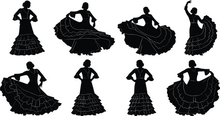 Traditional flamenco dancer silhouette set, black vector icons, cultural dance poses, ruffled dress movement, minimal style, expressive illustration