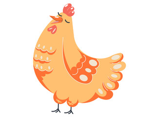 Colorful chicken standing proud in a cartoon style with a cheerful expression against a simple background
