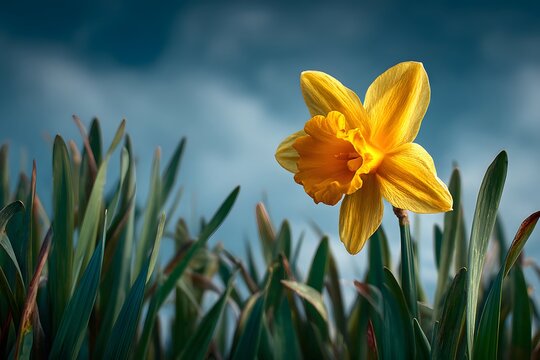 Daffodil radiates joy bathed in warm sunlight surrounded by vibrant leaves and sky