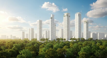 Fototapeta premium Modern city skyline with white buildings and green treetops.