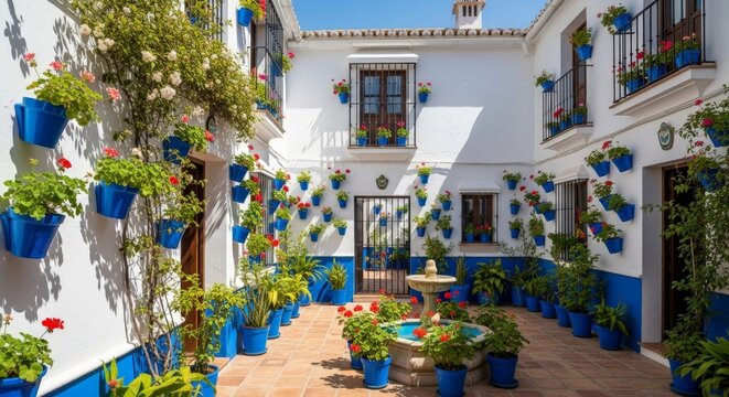 Explore the vibrant beauty of a traditional Spanish courtyard filled with bright blue flowerpots
