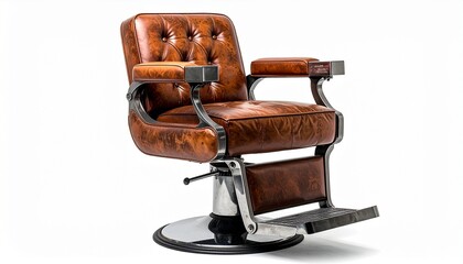 Vintage-style brown leather barber chair with tufted upholstery chrome frame and hydraulic base for editorial grooming culture salon design and classic craftsmanship-themed visuals