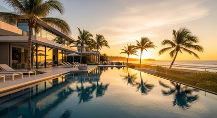 Stunning oceanfront villa with infinity pool at sunset offers luxury lifestyle and tropical escape