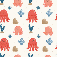 kawaii sea animals character set in a pattern