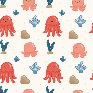 kawaii sea animals character set in a pattern