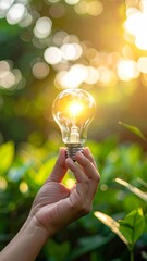 Holding a bright electric lightbulb in hand symbolizes a creative business idea or innovative concept