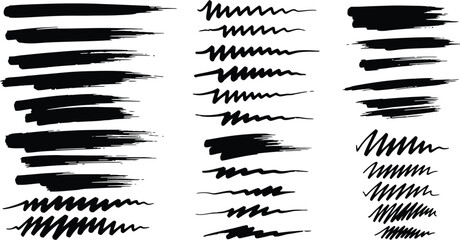Black ink brush strokes and scribbles create a dynamic set of design elements for artistic projects and creative compositions.