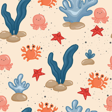 kawaii sea animals character set in a pattern