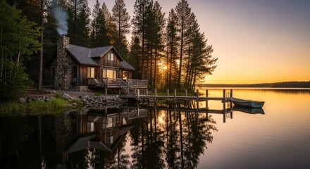 Escape to serene lakefront cabin at sunset with golden light and peaceful reflections for ultimate relaxation