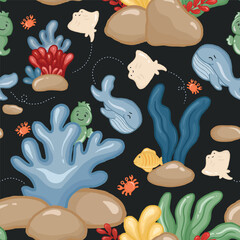 kawaii sea animals character set in a pattern