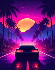 Retro car, neon sunset, tropical