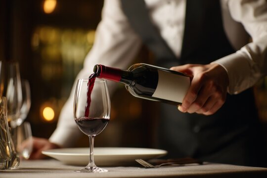 A waiter in formal attire carefully pours rich red wine into a glass at a beautifully set dining table. Soft lights create a warm atmosphere, enhancing the dining experience - Powered by Adobe