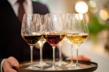 A server holds a tray with various types of wine glasses filled with red, white, and ros wines at a classy event. The ambiance is warm and inviting, perfect for socializing