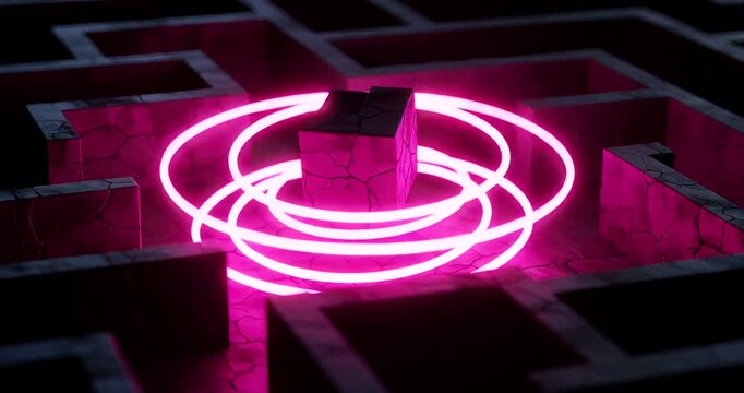 Neon pink light spirals above a cracked stone cube in a dark maze setting