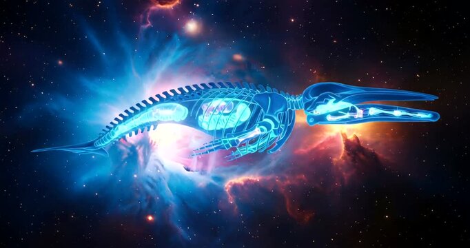 Futuristic depiction of a glowing squid-like creature swimming through space