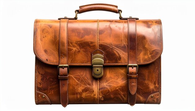Vintage-style brown leather briefcase with distressed finish buckle straps and brass clasp for editorial professional gear craftsmanship and classic business-themed visuals