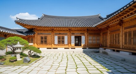 Fototapeta premium Explore traditional Korean architecture with intricate wooden details and beautiful tiled courtyard designs