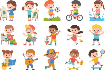 Delightful collection of cartoon kids engaging in various activities and recreational hobbies
