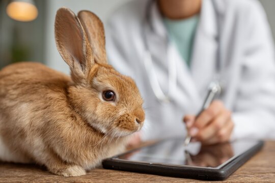 A brown pet rabbit sits calmly on a wooden table while a veterinarian checks records on a tablet. The clinic environment is clean and welcoming, ensuring the pets comfort - Powered by Adobe