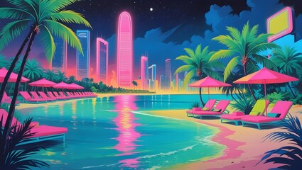 Neon Tropical Night Cityscape