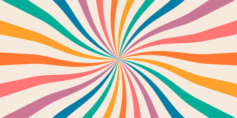 Retro swirl groovy striped background of the 70s style. Abstract colorful rainbow rays vintage backdrop. Twisted and distorted texture vector illustration in flat style