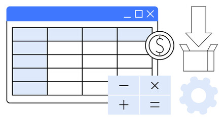 Spreadsheet window with rows, calculator, dollar sign, gear wheel, and download box. Ideal for finance, budgeting, data analysis software accounting technology operations. Simple flat metaphor