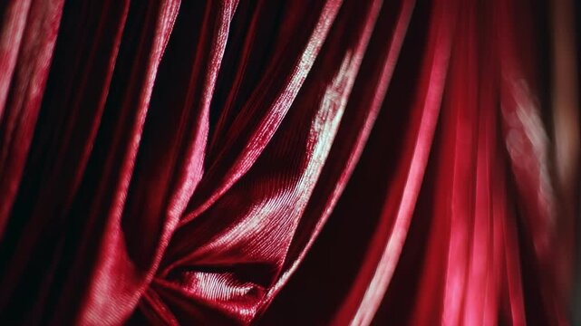 Close-up of glossy red plant leaves with curved, ribbon-like fronds.