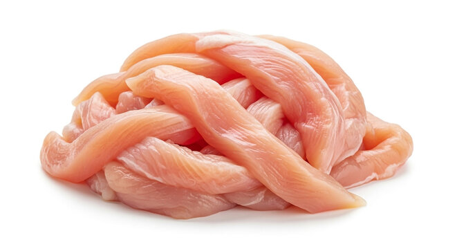 Photo of heap of raw turkey breast strips isolated on white background, close up