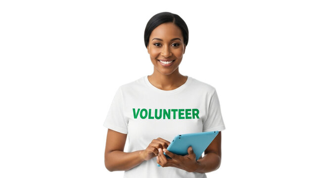 Photo of smiling woman wearing a volunteer tshirt holding a tablet, isolated on transparent background - Powered by Adobe