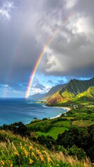 Nature's beautiful spectrum as a rainbow arches over the ocean with a light reflection on the water beneath the clouds