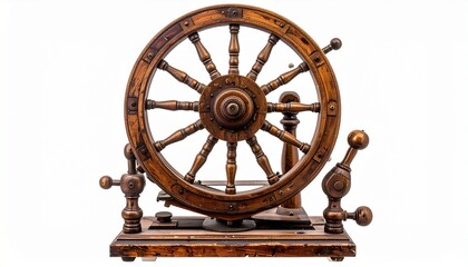 Obraz premium Traditional wooden spinning wheel with ornate carvings large spoked wheel treadle base and flyer assembly for editorial textile history craftsmanship and heritage decor-themed visuals