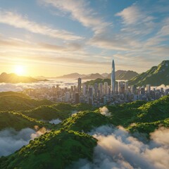 Fototapeta premium Modern cityscape view surrounded by green hills at sunrise.