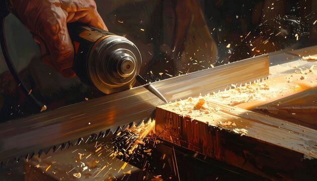 Circular Saw Cutting Wood, Sparks Flying, Close-Up Detail, Warm Light, Action Shot.