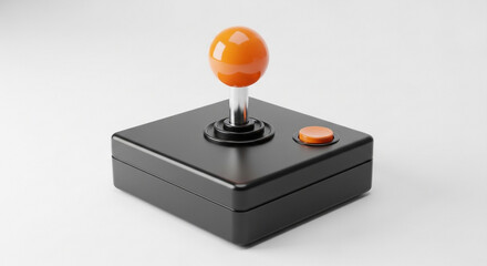 Photo of retro joystick with orange ball isolated on white background, gaming controller