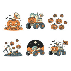 Fototapeta premium Retro Halloween Space SVG Vector Set Vintage Spooky Pumpkin Rover Illustrations Cute Ghost Astronauts, Candy, Bats and Jack-o’-Lantern Planet Clipart for T-Shirt and Print Designs