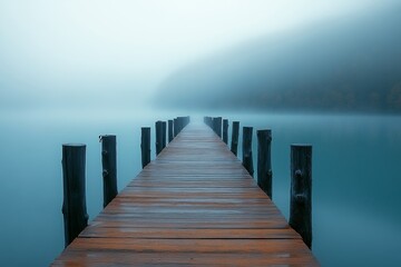 Obraz premium A Serene Wooden Dock Stretching into a Misty Lake, Embracing the Calm of Nature s Beauty