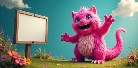 Giant pink monster with blank sign, whimsical scene, adorable, digital art, shot