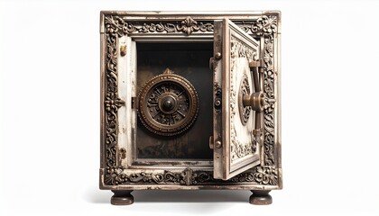 Ornate vintage-style safe with circular combination lock and intricate floral scrollwork engravings on aged metal surface for editorial antique security design craftsmanship and historical decor-theme