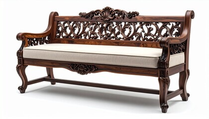 Ornate carved wooden bench with floral and vine patterns curved legs and light cushioned seat for editorial traditional furniture design handcrafted decor and vintage interior-themed visuals